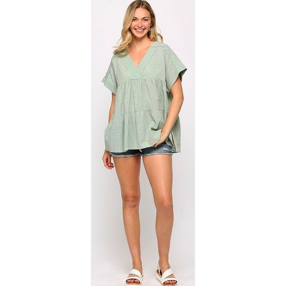 New Gigio Size S M L Pastel Mint Green Textured Tiered Cotton Top Side Slits - Picture 1 of 5